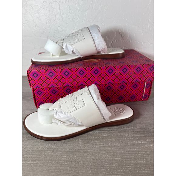 Tory Burch Shoes - Tory Burch Jamie Full Logo Thong Calf Leather Sandals In Ivory Size 7 Womens NIB
